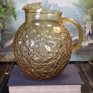 Vintage Anchor Hocking Amber Glass Pitcher Milano Crinkle Texture Ice Lip Jug